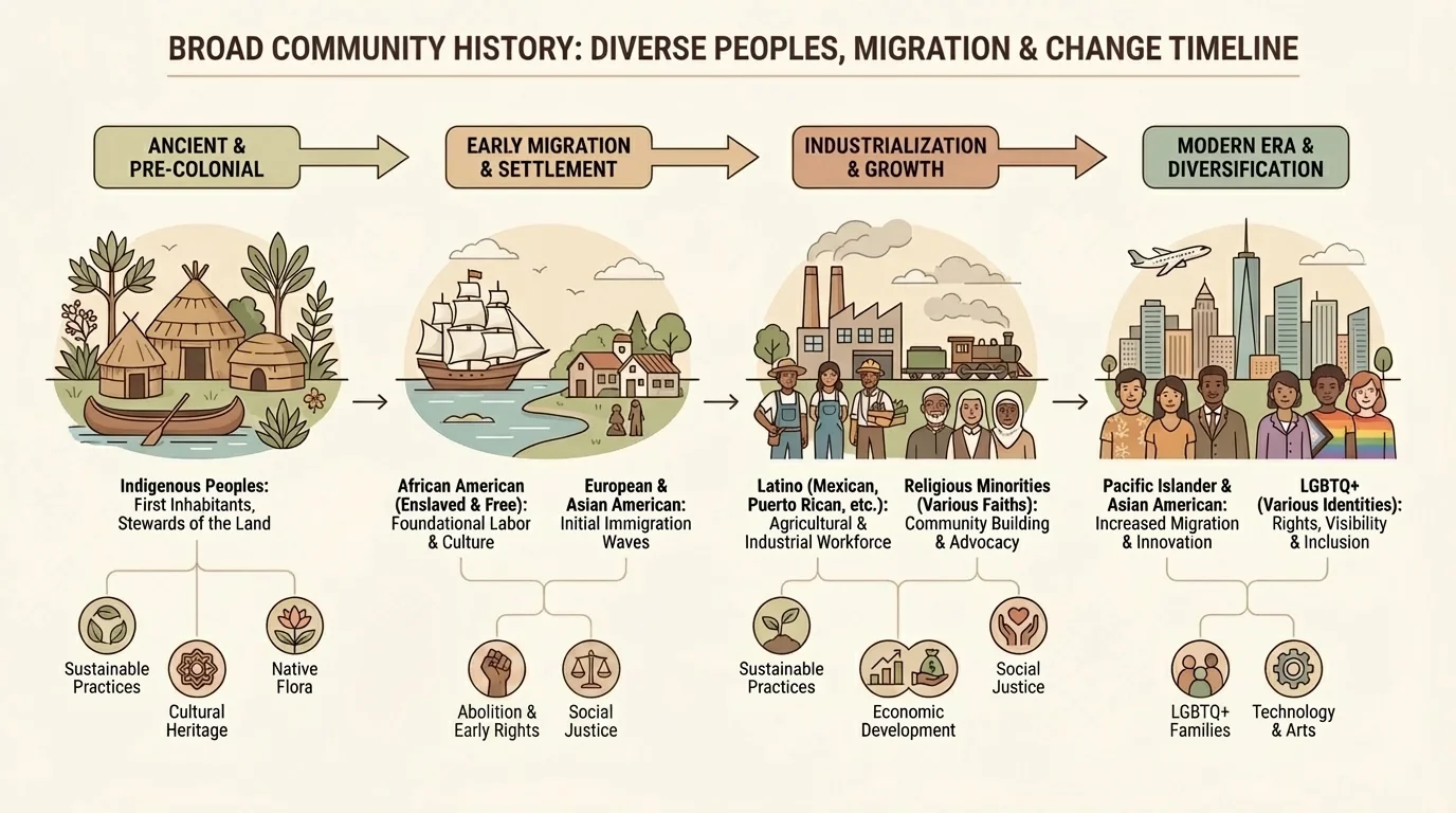 Broad community history timeline showing Indigenous communities first, later African American, Latino, Asian American, Pacific Islander, religious minority, and LGBTQ milestones
