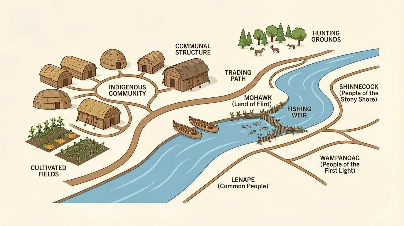 Indigenous community near a river with homes, crops, trails, trading paths, and nearby place names from Indigenous languages