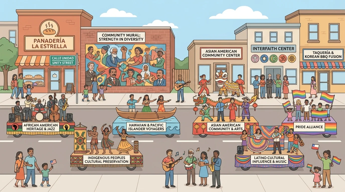 Community street with bilingual signs, a panadería, colorful mural, families, music, and a cultural parade
