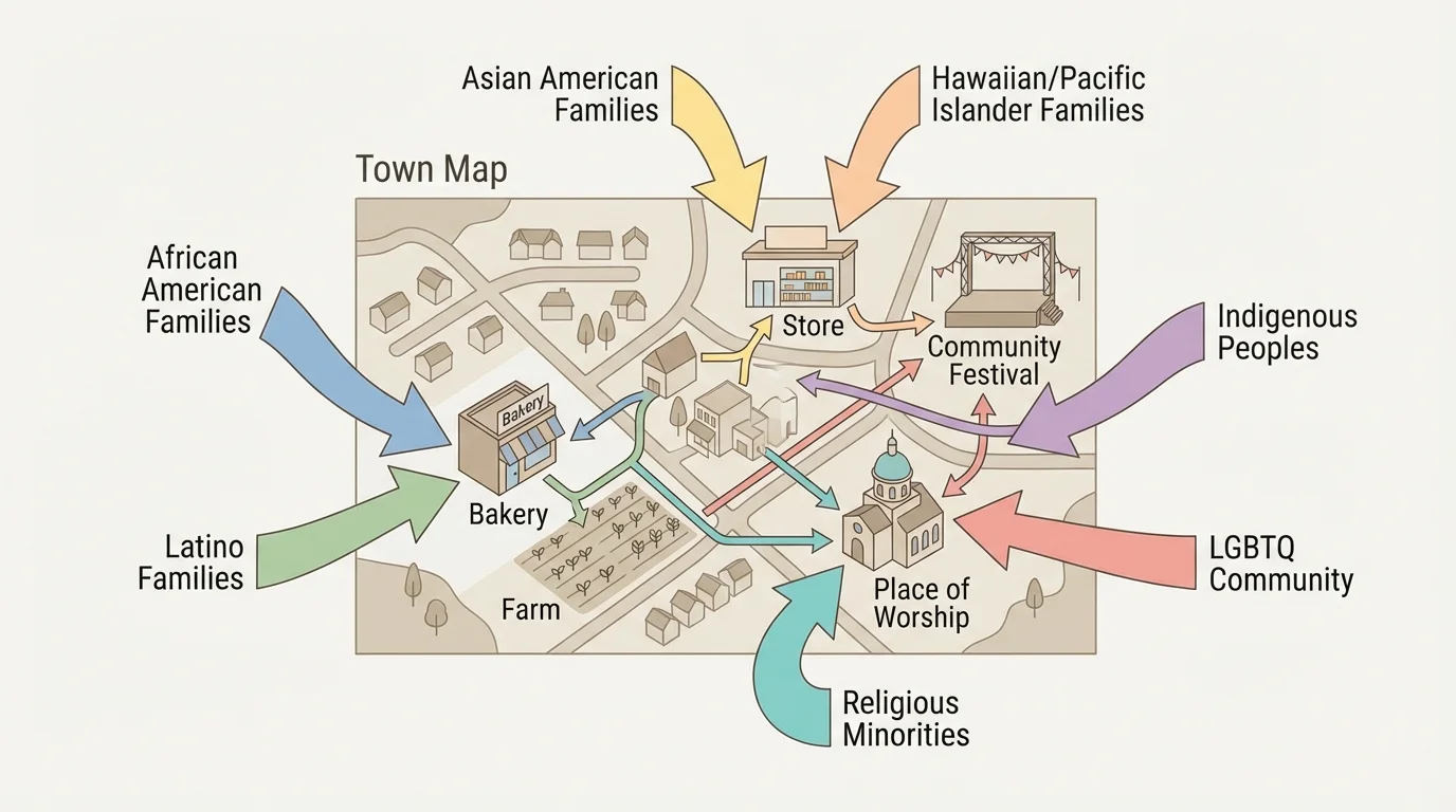 Simple town map with arrows showing families arriving from different places and adding a bakery, farm, store, place of worship, and community festival