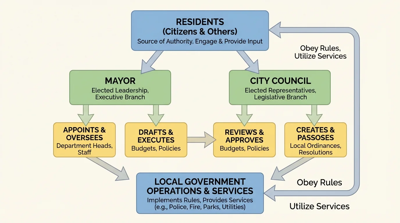Local government leadership chart showing residents electing a mayor and council, with council helping make local rules