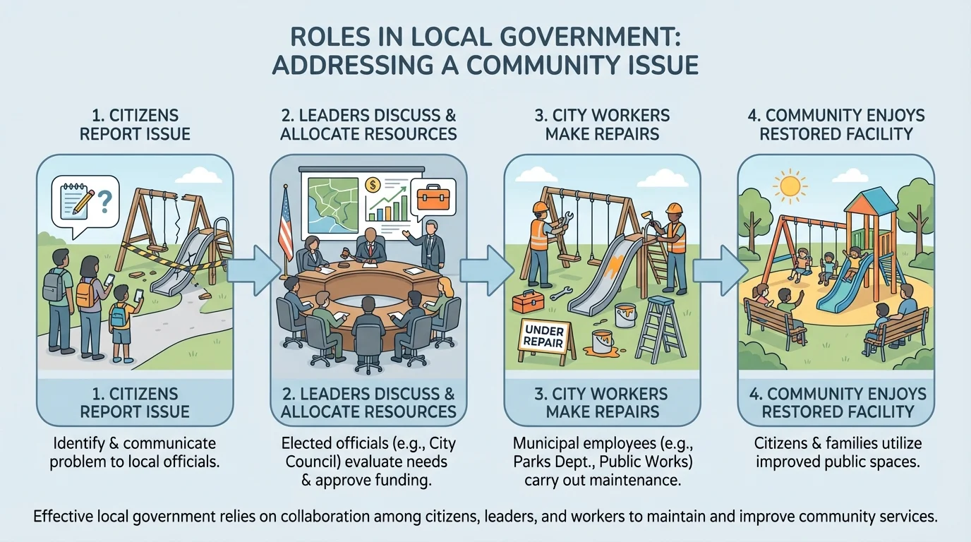 Flowchart showing citizens reporting a broken playground, leaders discussing it, workers repairing it, and families using the park again