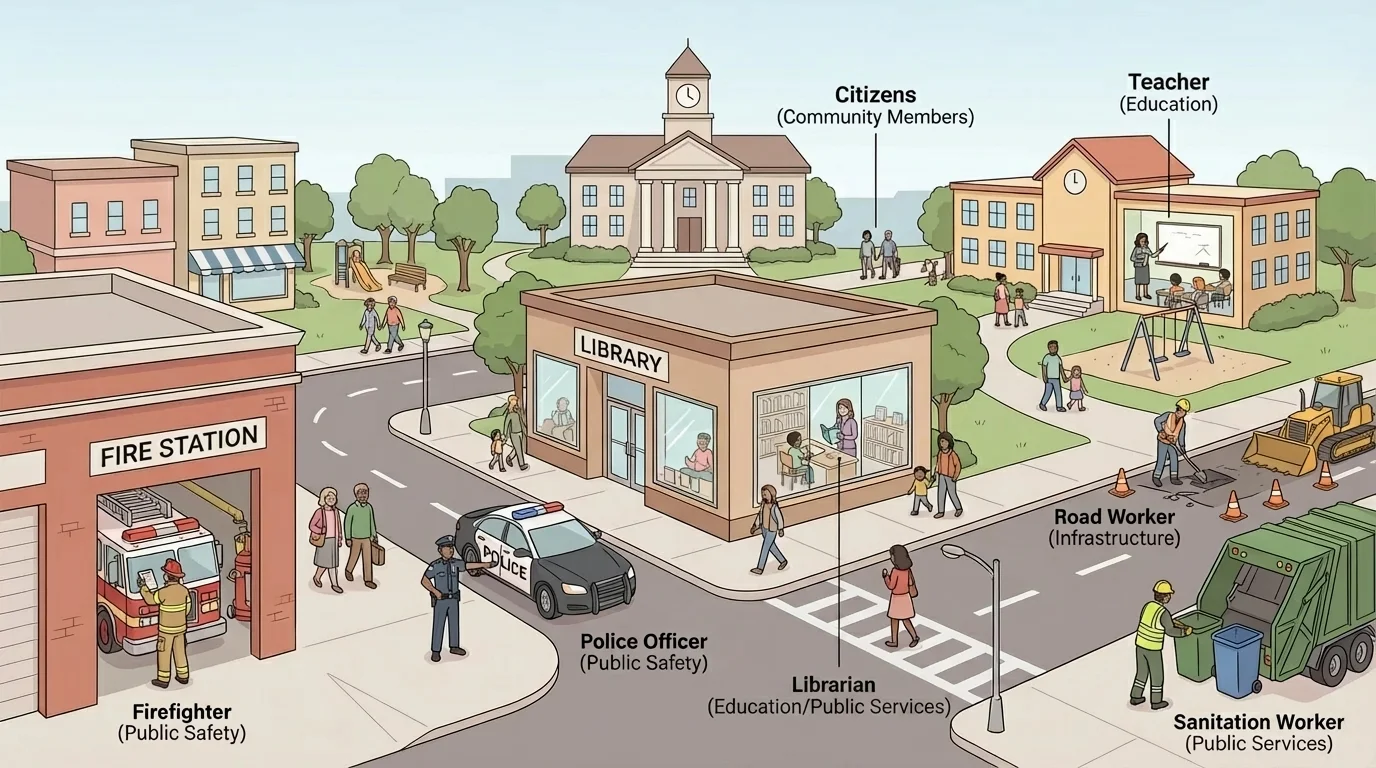 Illustration of local government workers including firefighter, police officer, librarian, teacher, road worker, and sanitation worker serving the town