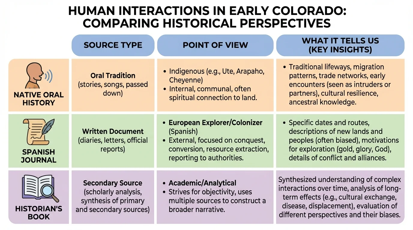 Chart comparing a Native oral history, a Spanish journal, and a historian's book with columns for source type, point of view, and what each tells us