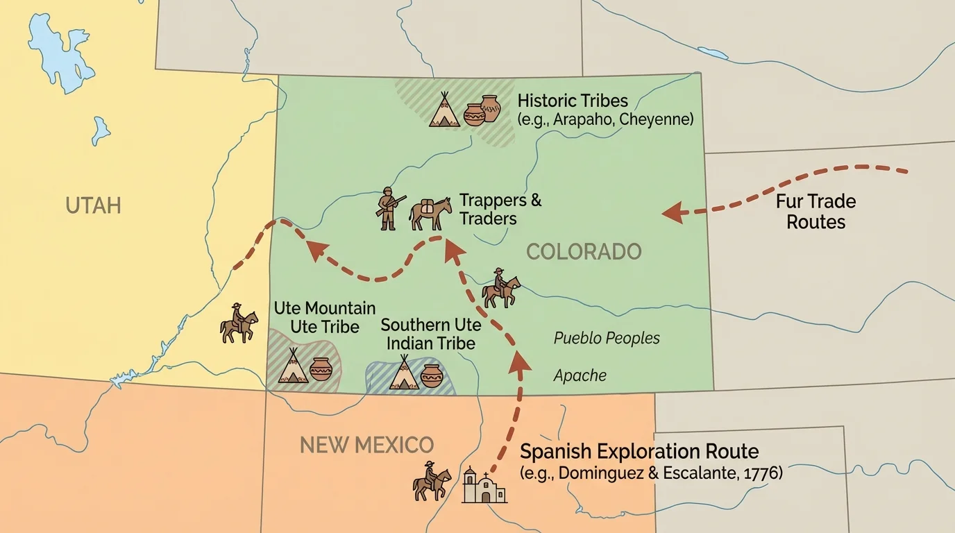 Simple map of the Southwest and present-day Colorado showing a Spanish exploration route northward from New Mexico into Colorado