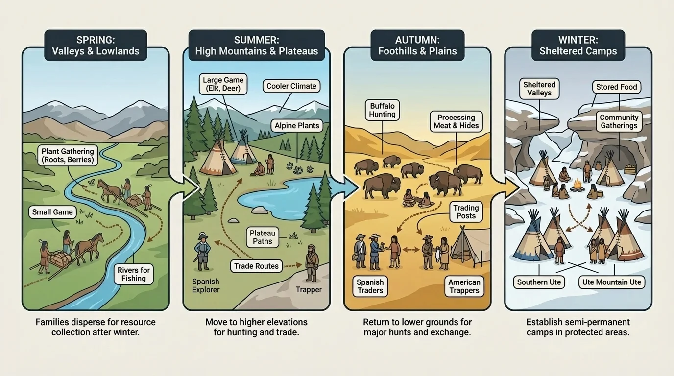 Illustration of Ute families moving seasonally between mountains, valleys, hunting grounds, and camp areas with labeled resources