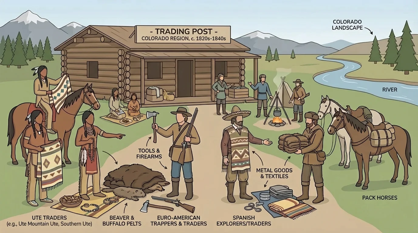 Illustration of a trading post scene with Native traders, trappers, horses, furs, blankets, tools, and food being exchanged