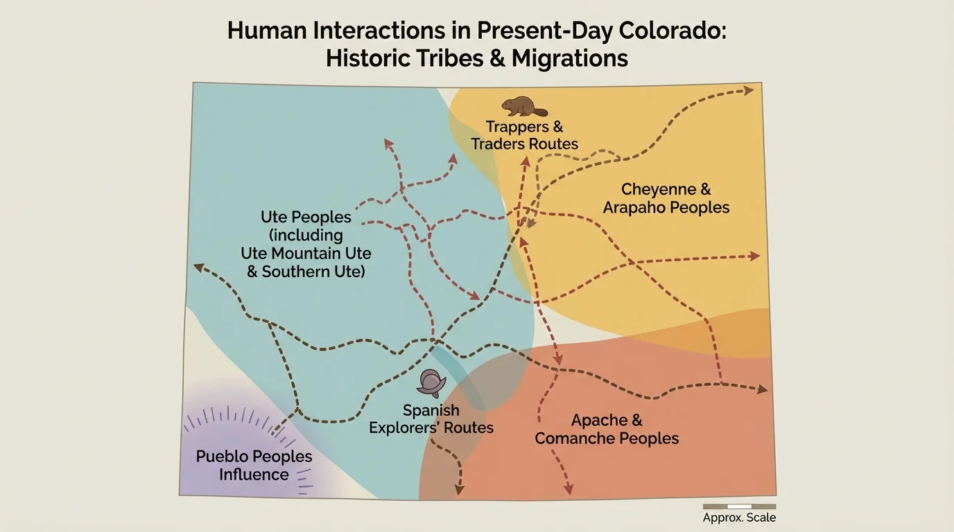 Map of present-day Colorado showing approximate regions connected to Ute, Cheyenne, Arapaho, Apache, Comanche, and Pueblo peoples