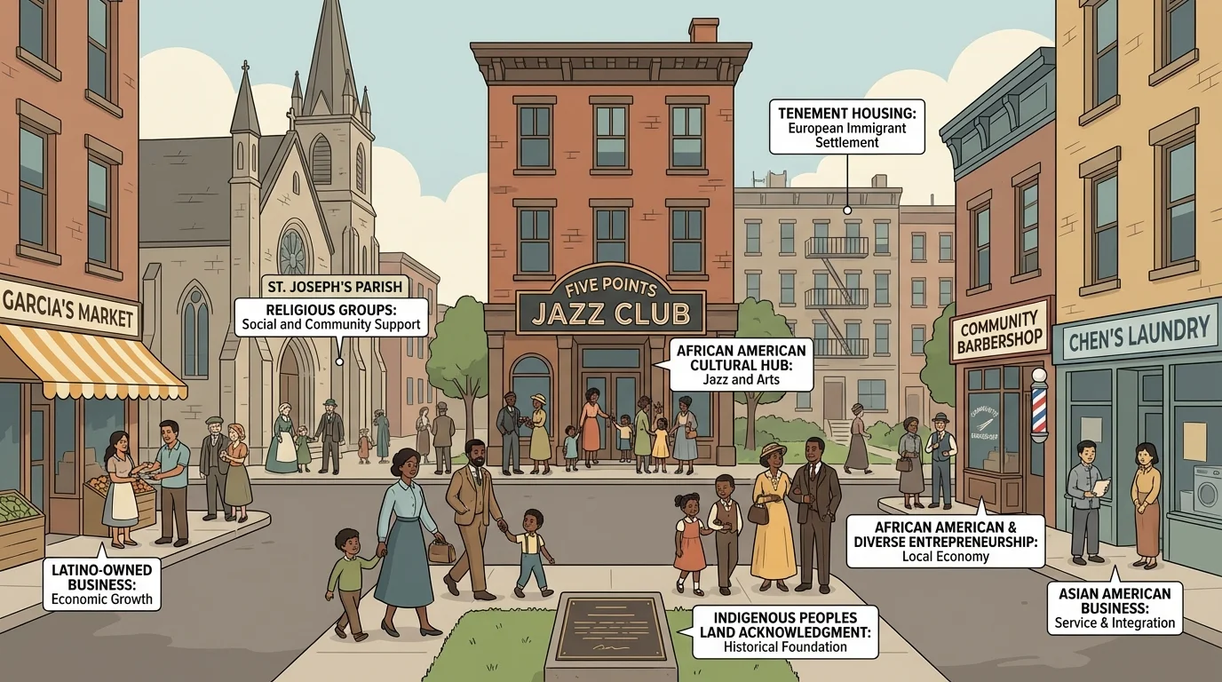 Street scene of historic Five Points with jazz club, church, barbershop, and families in the neighborhood