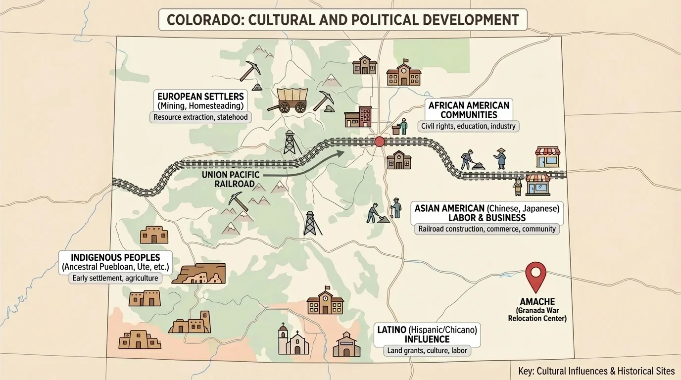 Map of Colorado with major railroad line and the location of Amache in southeastern Colorado