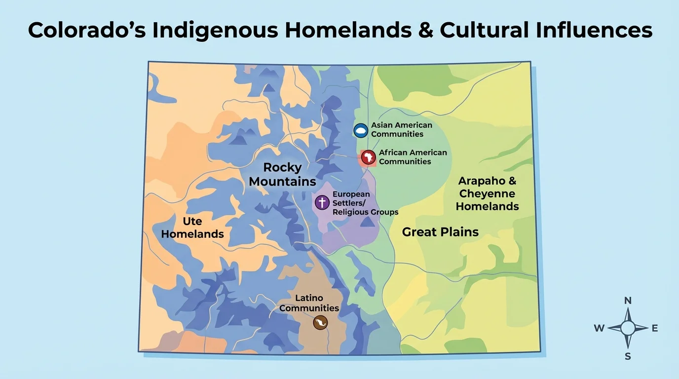 Map of Colorado showing Ute, Arapaho, and Cheyenne homelands with mountains and plains