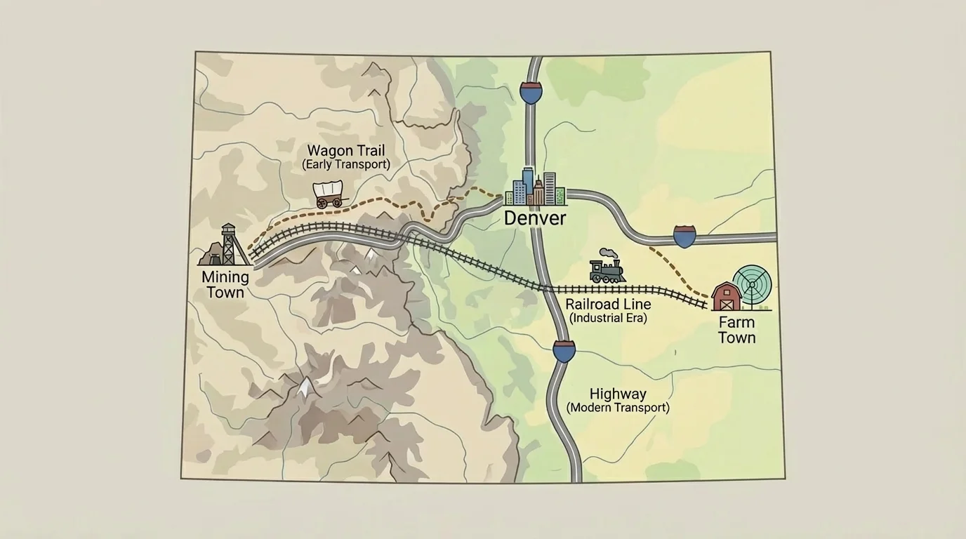 simple Colorado map showing a wagon trail, a railroad line, and a highway connecting a mining town in the mountains, a farm town on the plains, and Denver