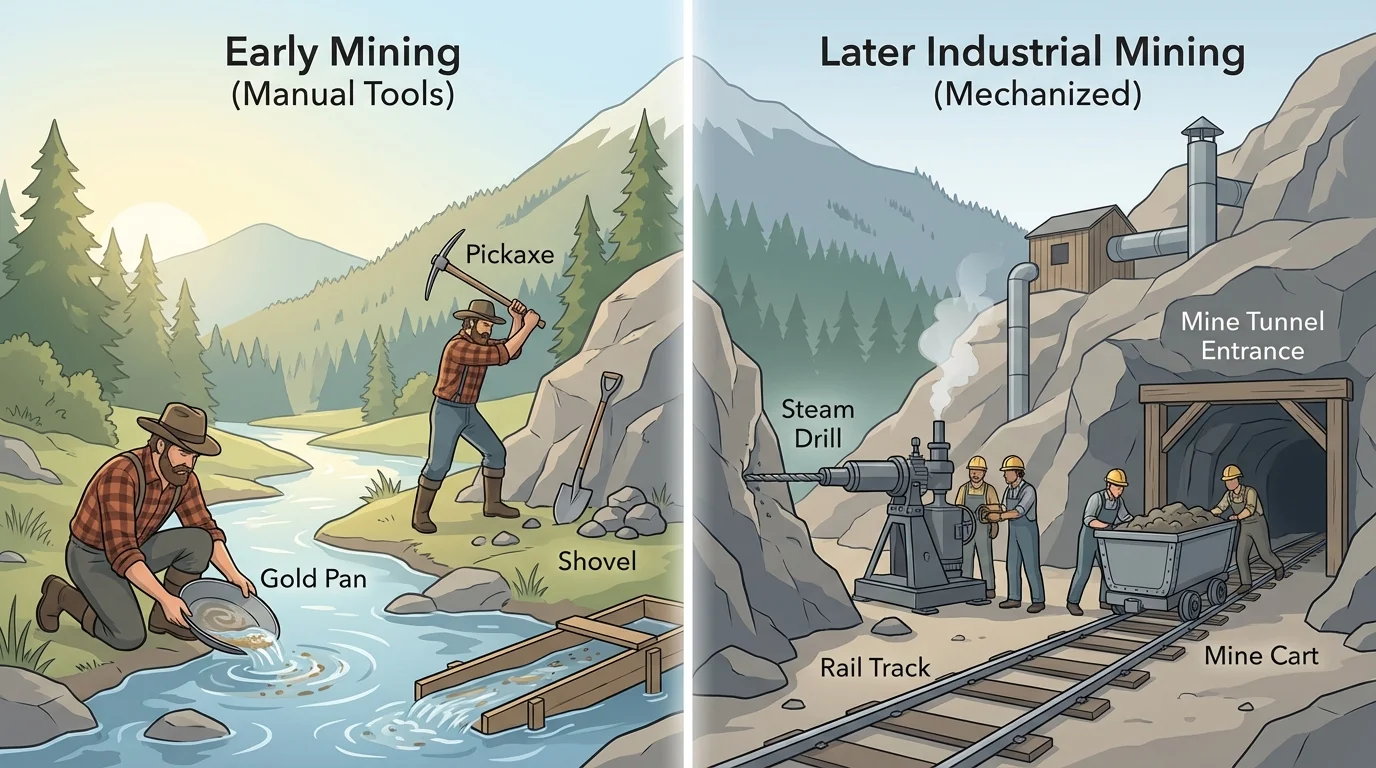 split scene showing early Colorado miners with pans and picks beside later miners using steam drills, mine carts, and rail tracks entering a mountain mine