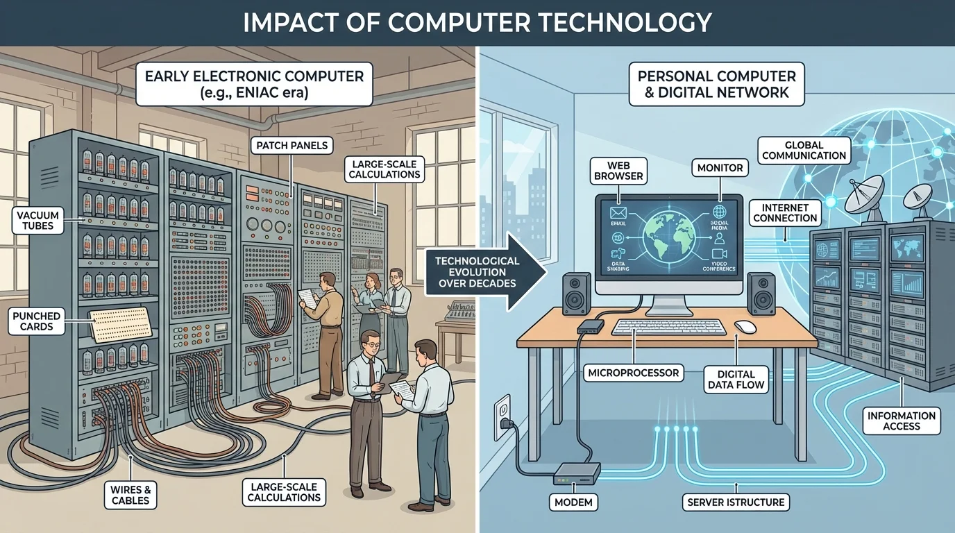 split scene showing a room-sized early computer with large cabinets on one side and a later desktop personal computer connected to digital communication lines on the other