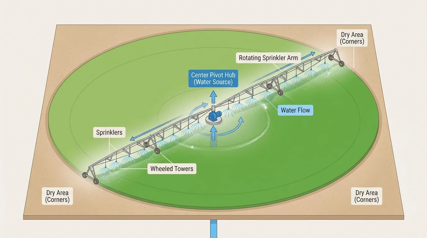aerial-style farm field with a central water point and a long rotating sprinkler arm creating a circular green field pattern