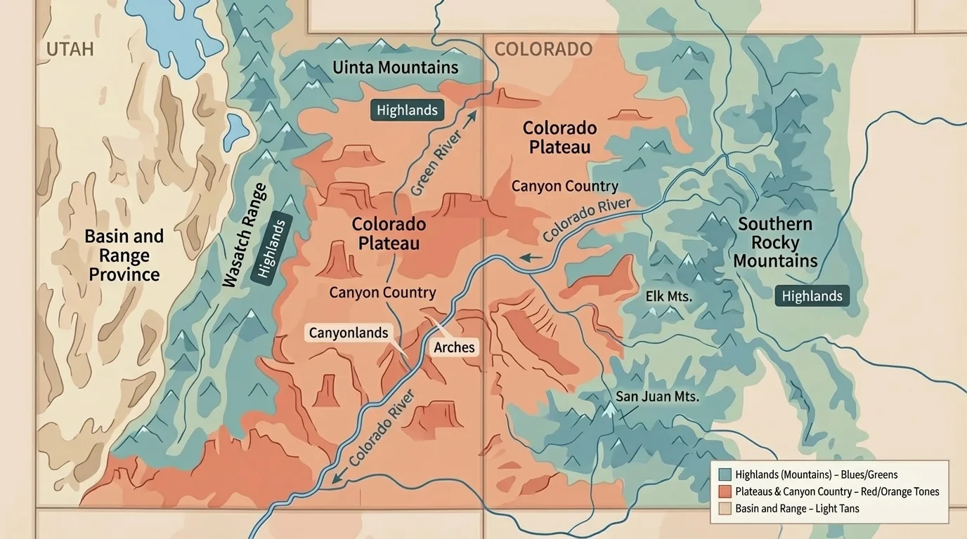 Map of western Colorado and Utah showing plateaus, canyon country, the Colorado River, and major highland areas