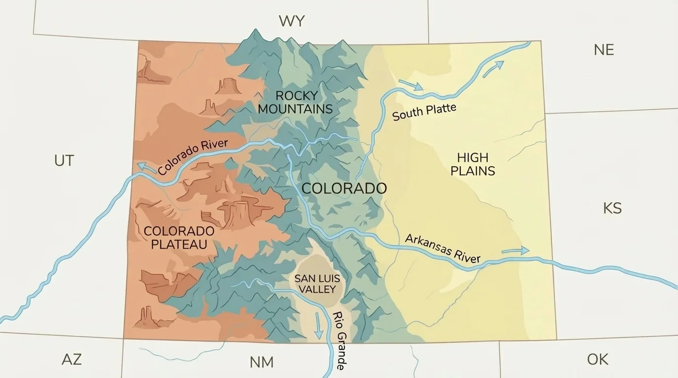 Labeled map of Colorado showing Rocky Mountains, High Plains, Colorado Plateau region, San Luis Valley, and major rivers including Colorado River, Arkansas River, South Platte, and Rio Grande