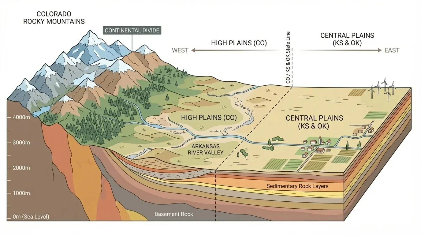 Cross-section from western Colorado Rocky Mountains across eastern Colorado High Plains into the flatter plains of Kansas and Oklahoma, showing decreasing elevation from west to east