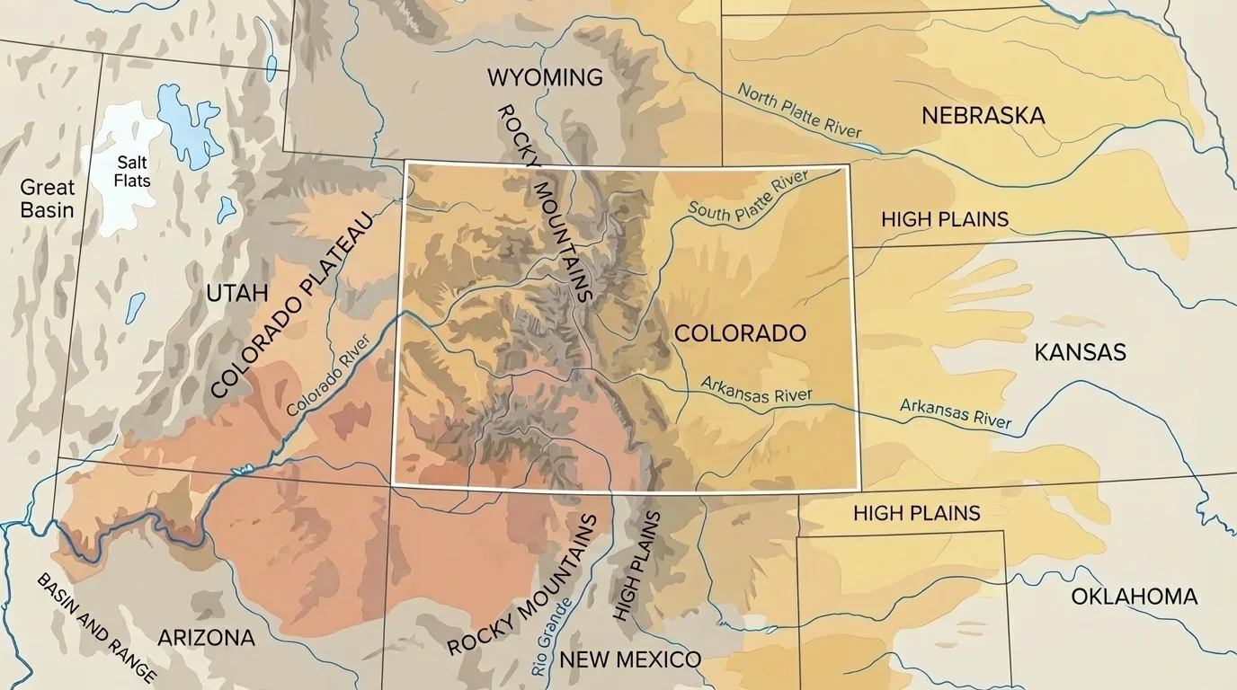 Physical map of Colorado in the center with labeled neighboring states and major landforms such as Rocky Mountains, High Plains, Colorado Plateau, plains, and major rivers