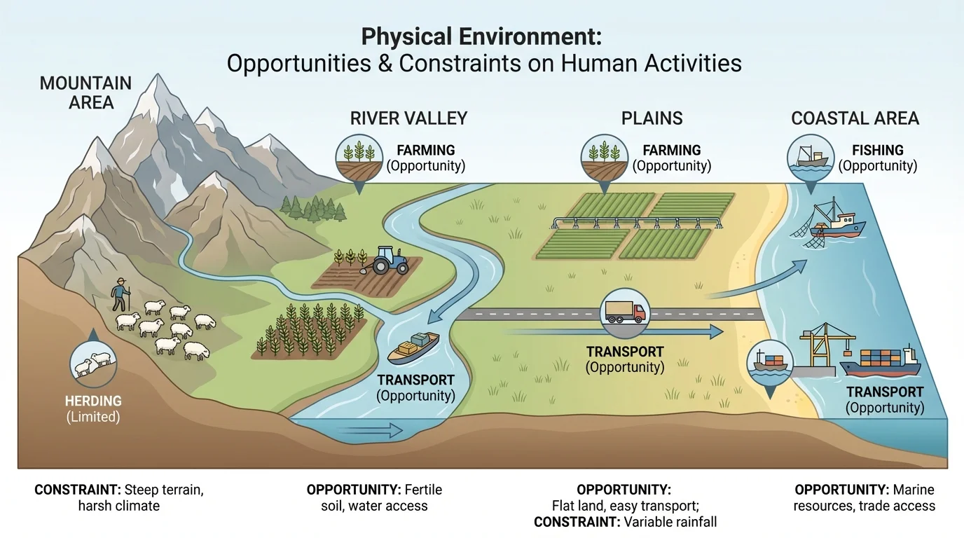 map showing river valley, coastal area, mountain area, and plains with icons for farming, fishing, transport, and herding