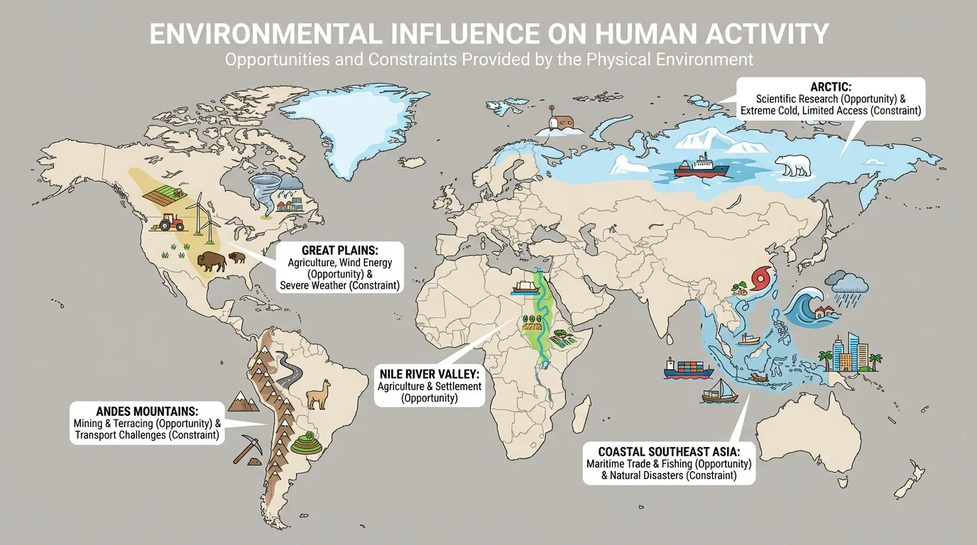 world map highlighting Nile River Valley, Great Plains, Andes Mountains, Arctic, and coastal Southeast Asia