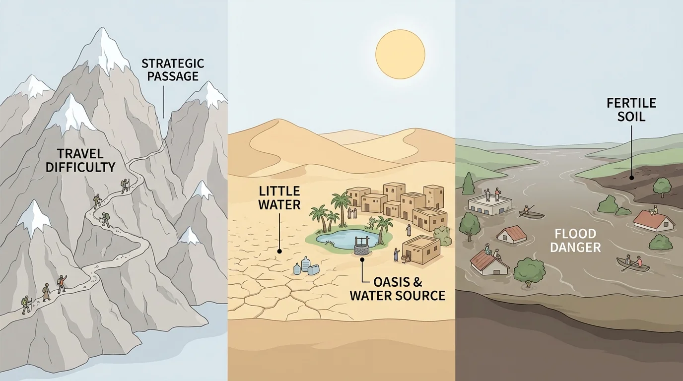 illustration comparing a mountain pass, desert settlement, and flooded riverbank with labels for travel difficulty, little water, and flood danger