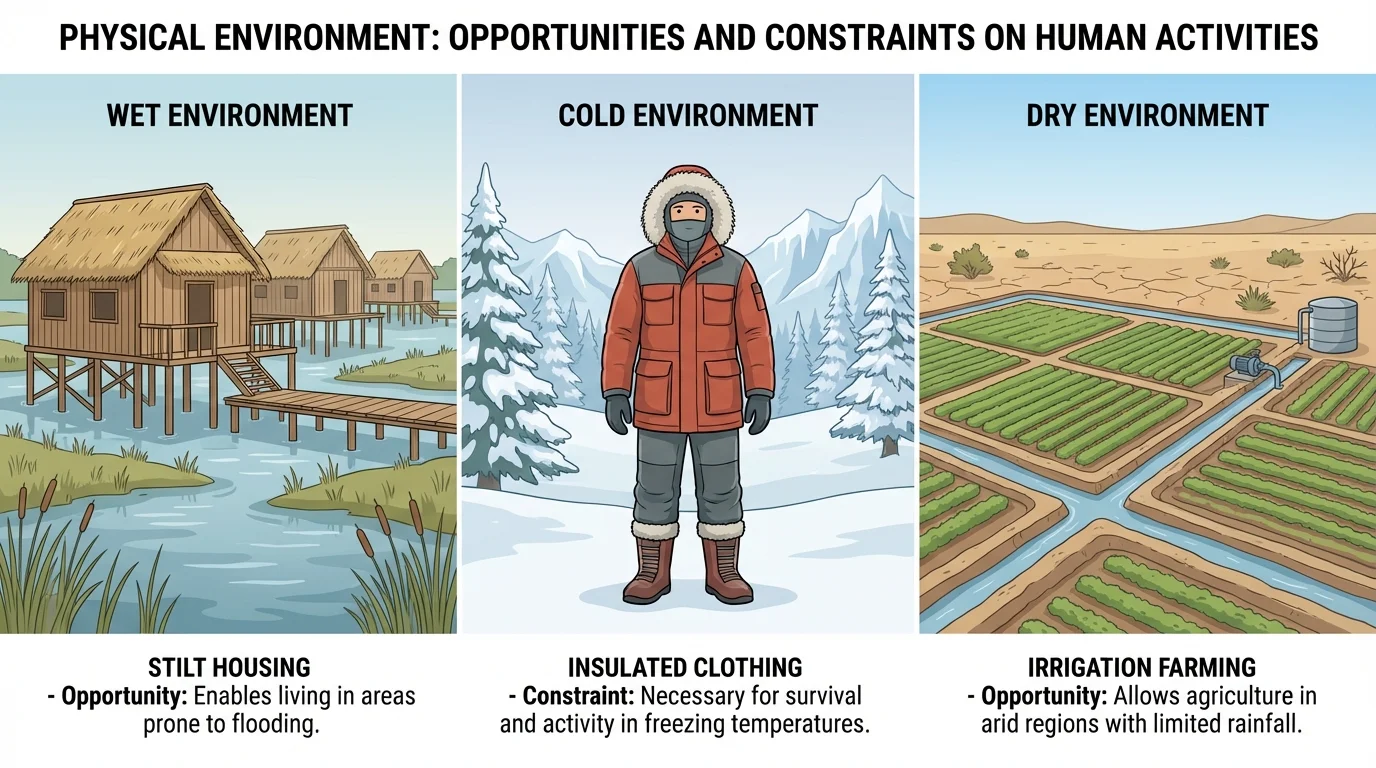 illustration showing stilt houses in a wet area, thick insulated clothing in a cold area, and irrigation channels in a dry farm area