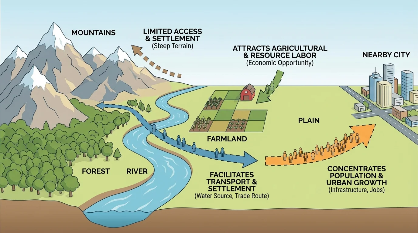 Labeled state landscape showing mountains, river, forest, farmland, plain, and a nearby city to illustrate parts of the physical environment