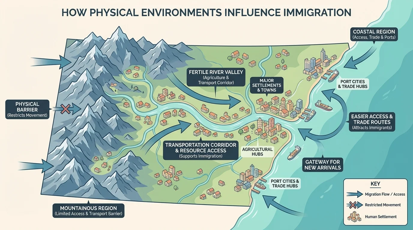 Simple state map with mountains on one side, river valley through the center, coast on one edge, and towns concentrated near water and flat land