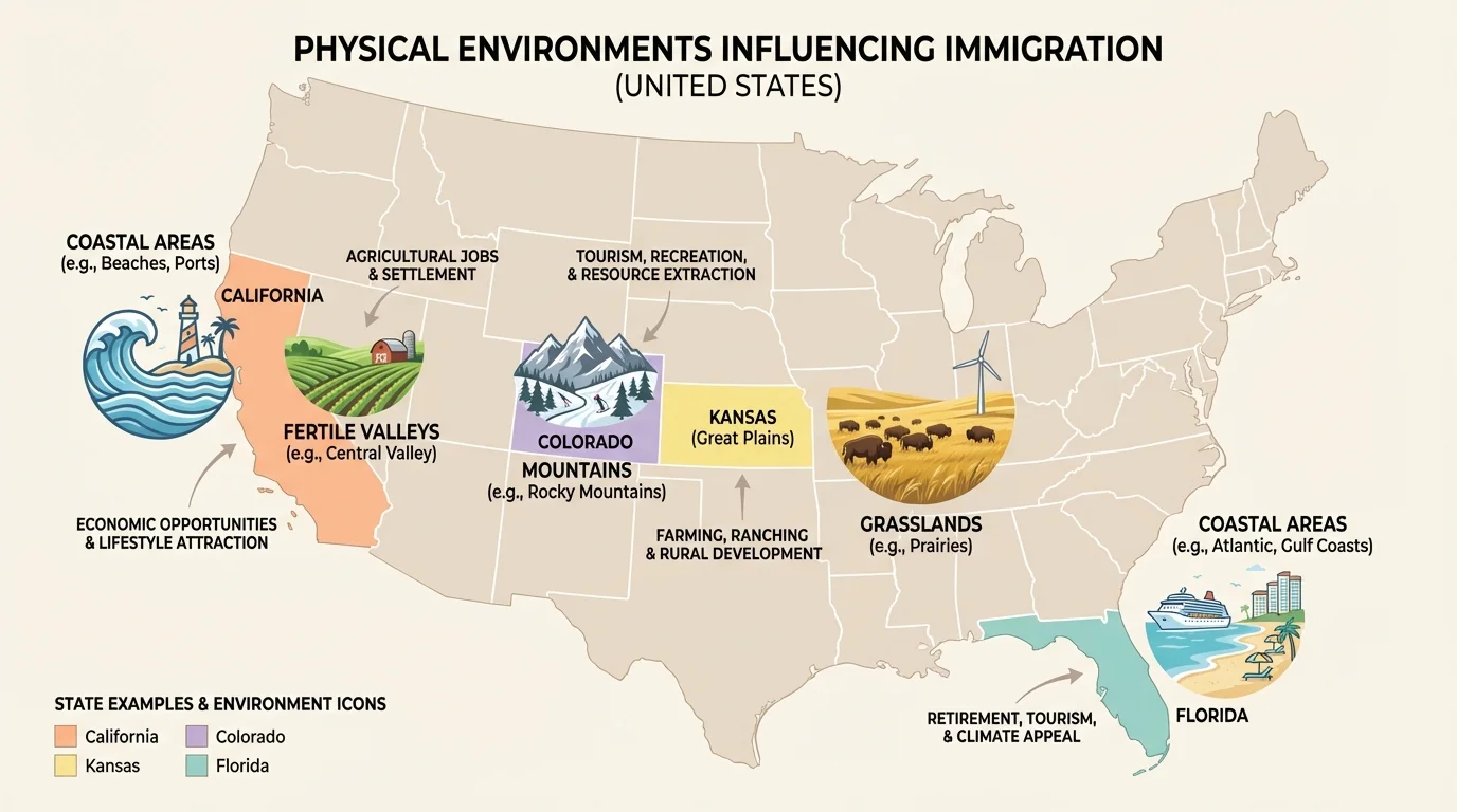 United States map highlighting Florida, California, Colorado, and a Great Plains state with icons for coast, fertile valleys, mountains, and grasslands