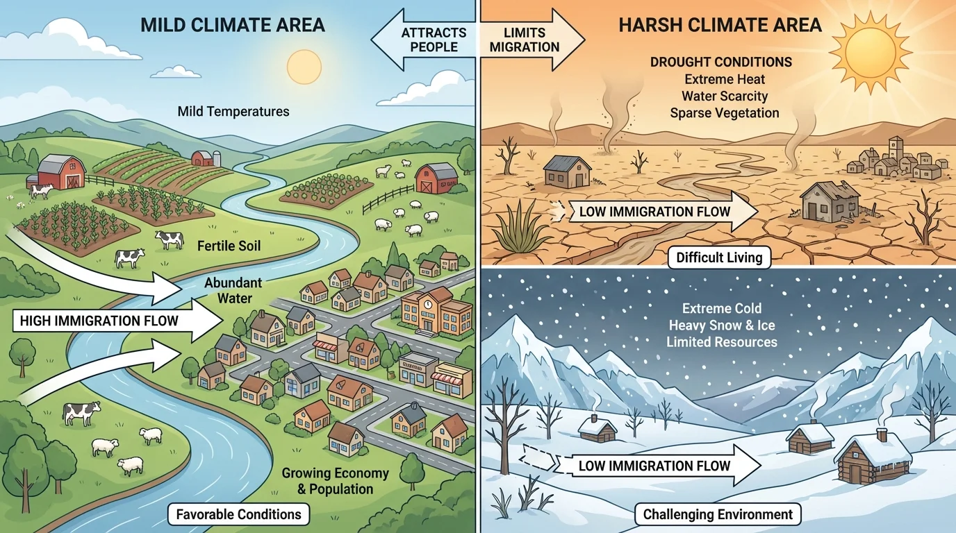 Split scene comparing a mild climate area with farms and growing town on one side and a harsh climate area with drought or heavy snow and fewer homes on the other