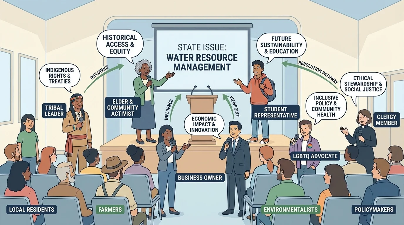 town hall meeting with students, elders, business owners, tribal leaders, clergy, and community activists discussing one state issue from different viewpoints
