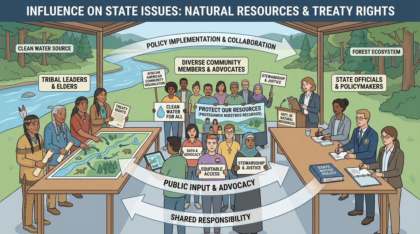 tribal leaders, state officials, a river, forest, and community members discussing protection of natural resources, treaty rights, and clean water