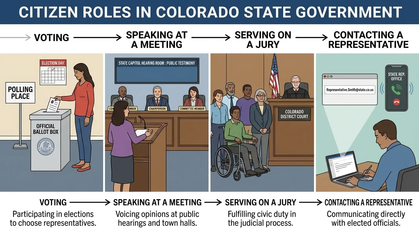Colorado citizens voting, speaking at a meeting, serving on a jury, and contacting a state representative