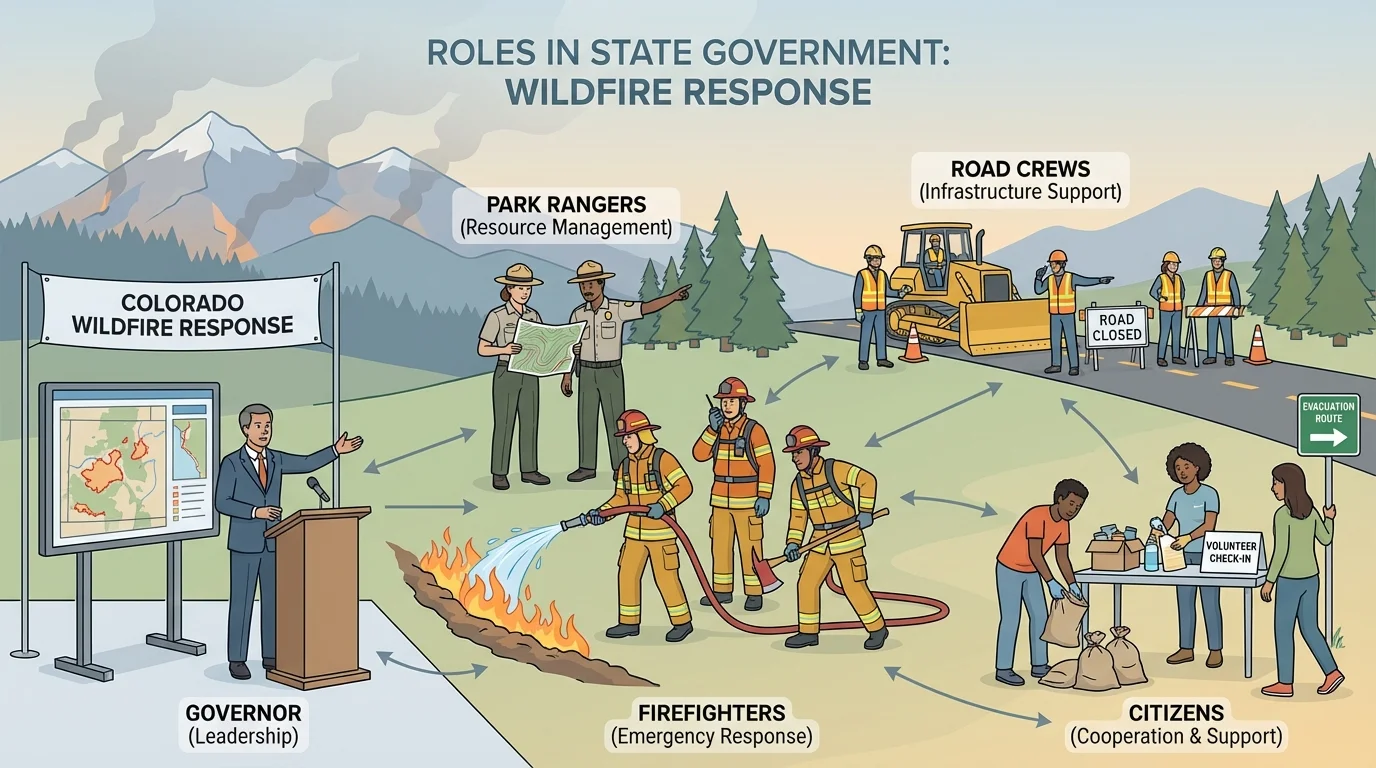 Colorado wildfire response scene with governor briefing, firefighters, park rangers, road crews, and citizens cooperating