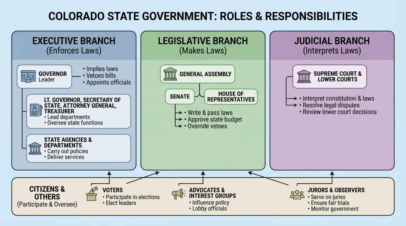 Simple three-branch Colorado government chart with Executive, Legislative, and Judicial columns and short labels for their jobs