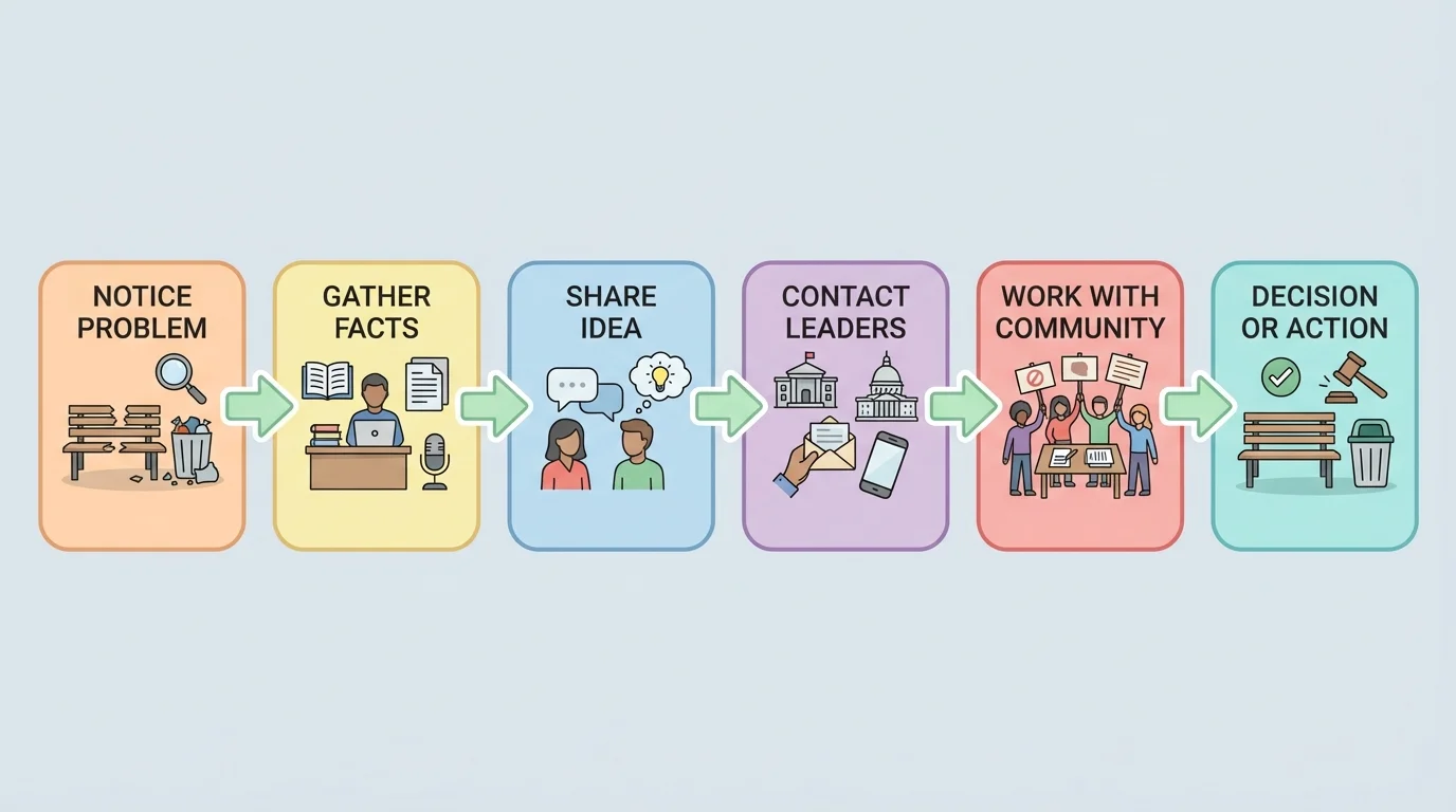 Civic action process with boxes and arrows labeled notice problem, gather facts, share idea, contact leaders, work with community, decision or action