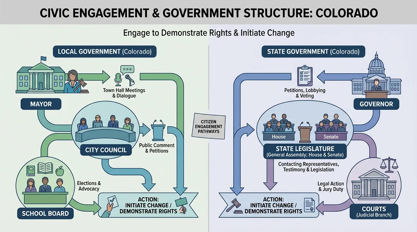 Side-by-side comparison of Colorado local government and state government, with simple labeled parts for mayor, city council, school board on one side and governor, state legislature, and courts on the other