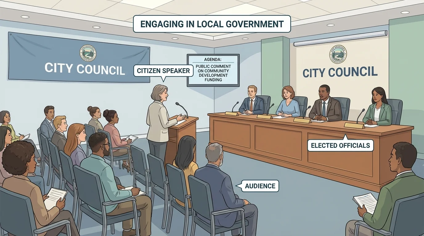Public meeting in a town or school board room with citizens seated, one person speaking at a microphone during public comment, and officials listening at a front table