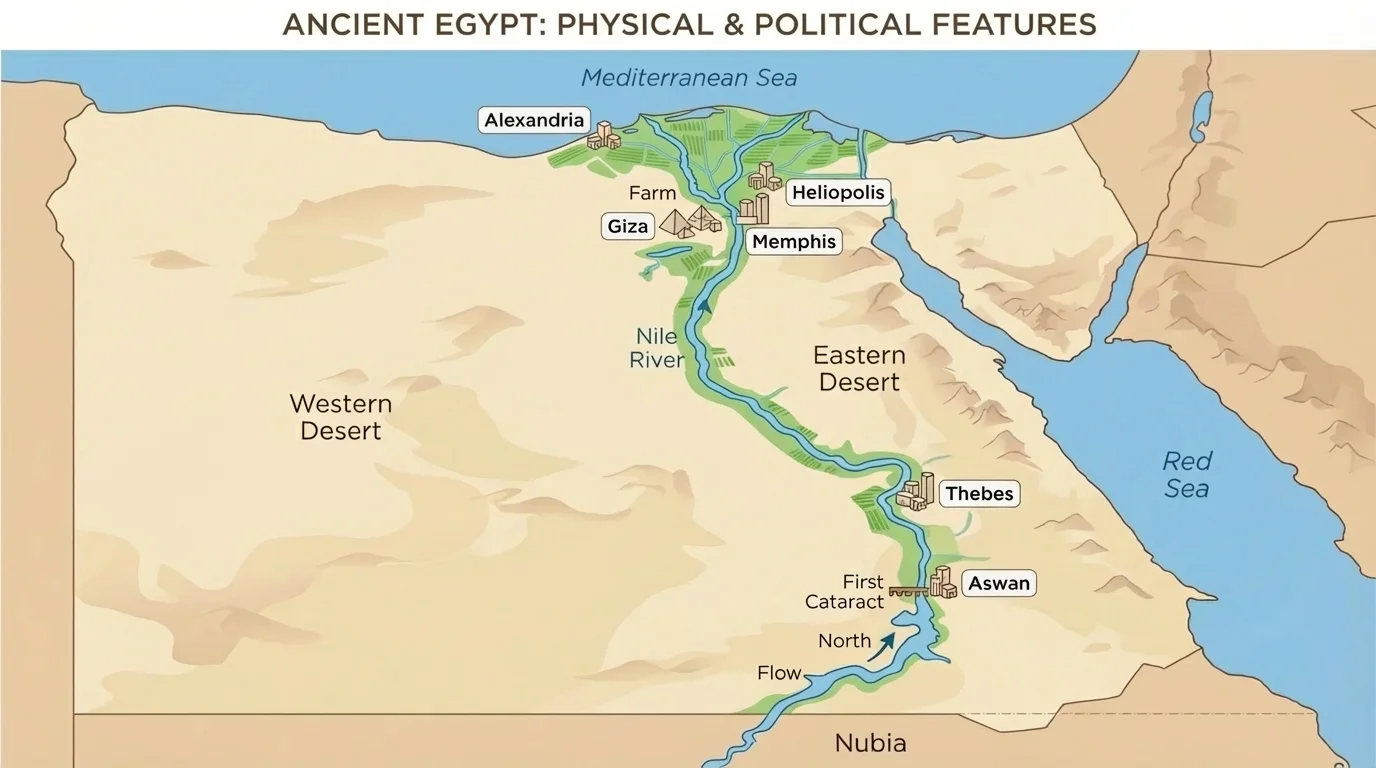 Map of Egypt showing the Nile River running through desert, narrow green farm areas along the river, and cities clustered near the water