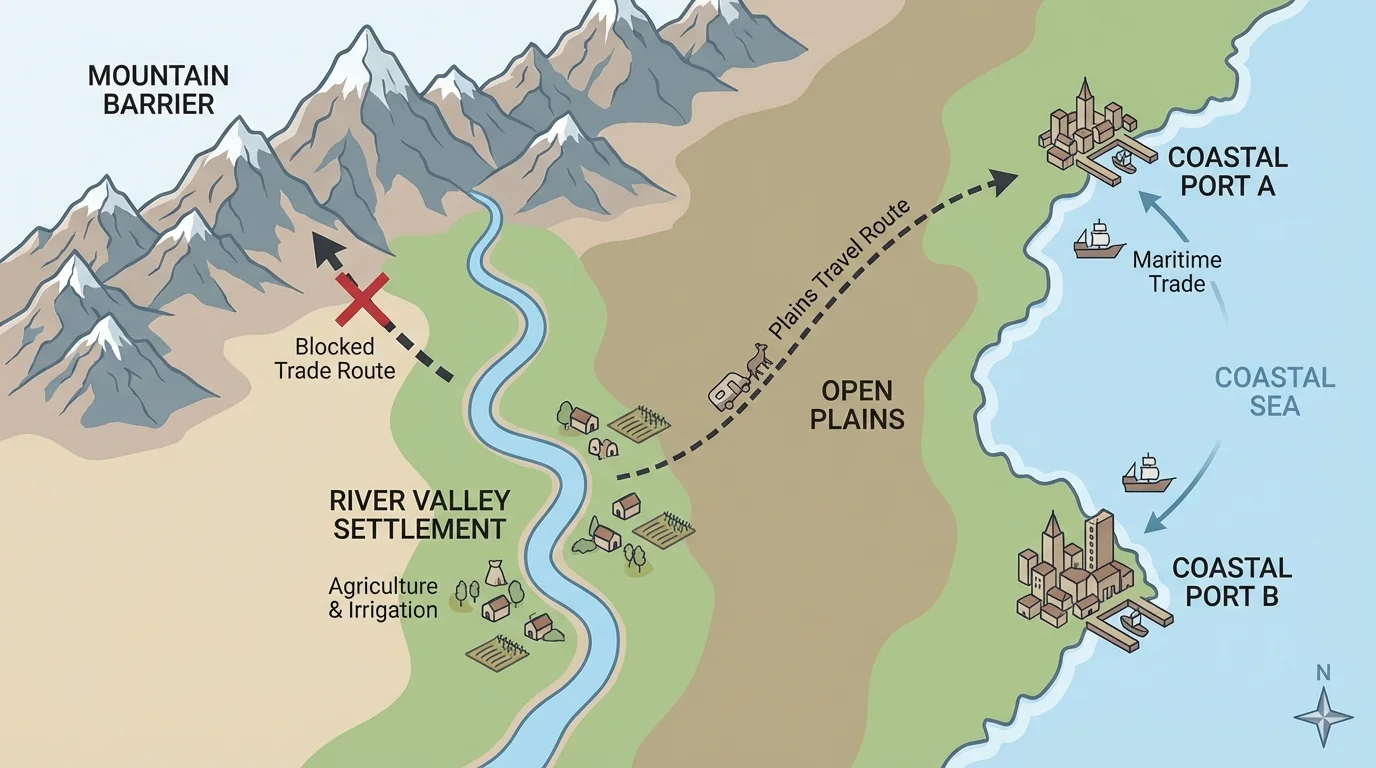 Simple regional map with mountains blocking travel, river valley settlement, plains travel routes, and coastal ports labeled with short labels