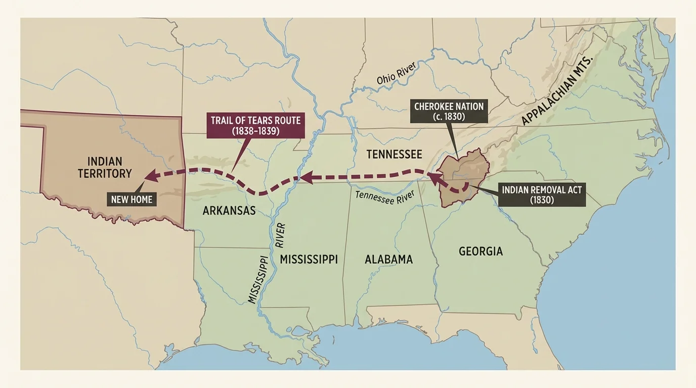 Historical map of the southeastern United States to Indian Territory with the Trail of Tears route marked westward and simple regional labels