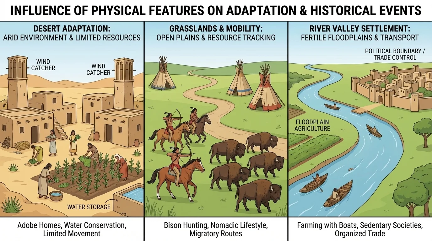 Three-panel comparison showing adobe homes in a dry desert setting, bison hunting on open grasslands, and farming with boats in a river valley