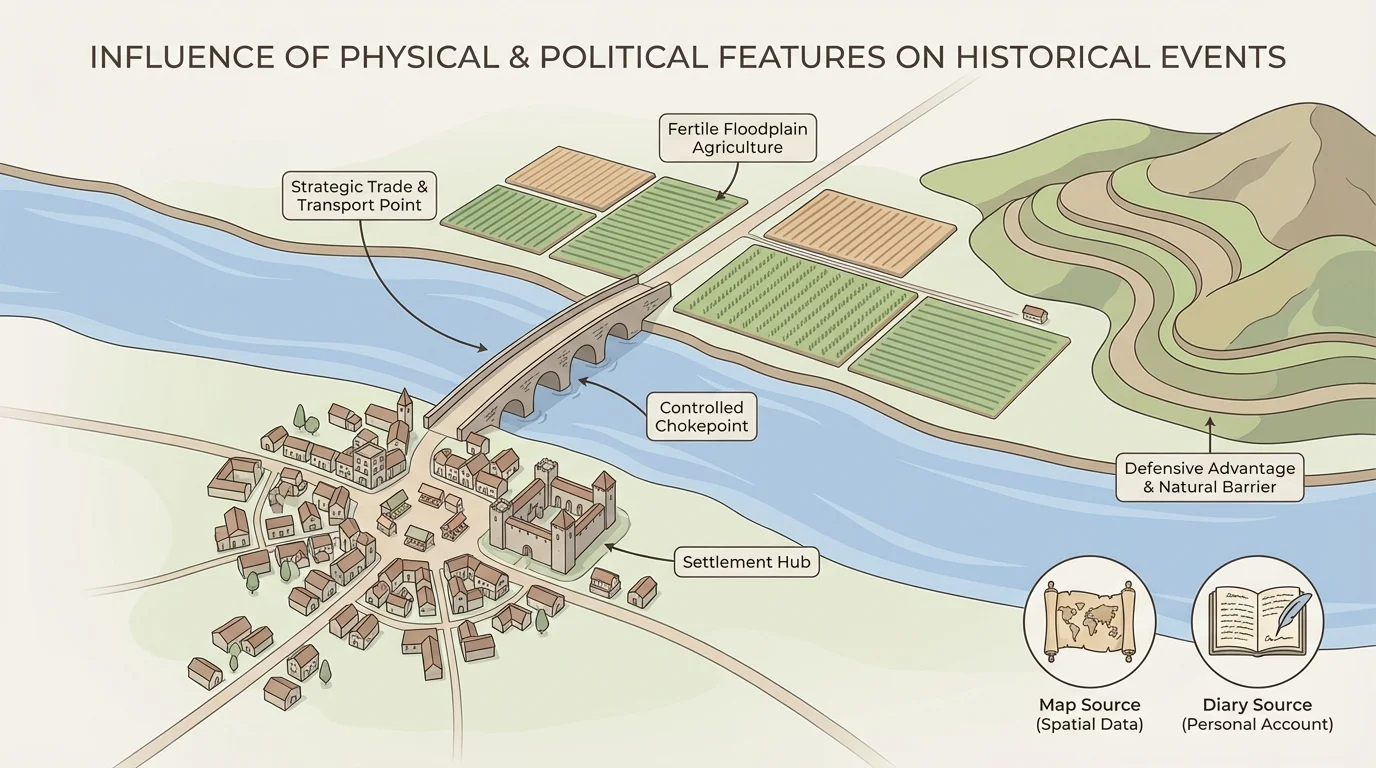 Diagram of a town at a river crossing with bridge, roads, farms, nearby hills, and small icons for map and diary source