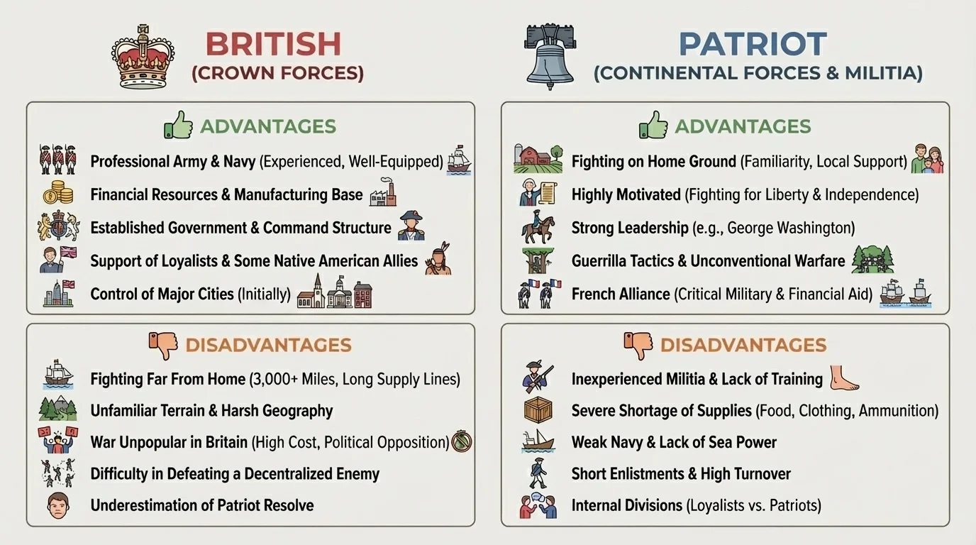Chart comparing British advantages and disadvantages with Patriot advantages and disadvantages during the war