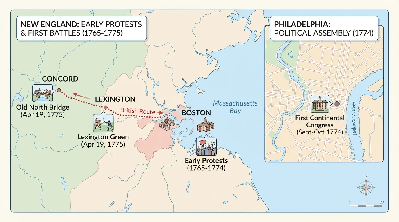 Map of Boston, Lexington, Concord, and Philadelphia showing where early protests and the first battles took place