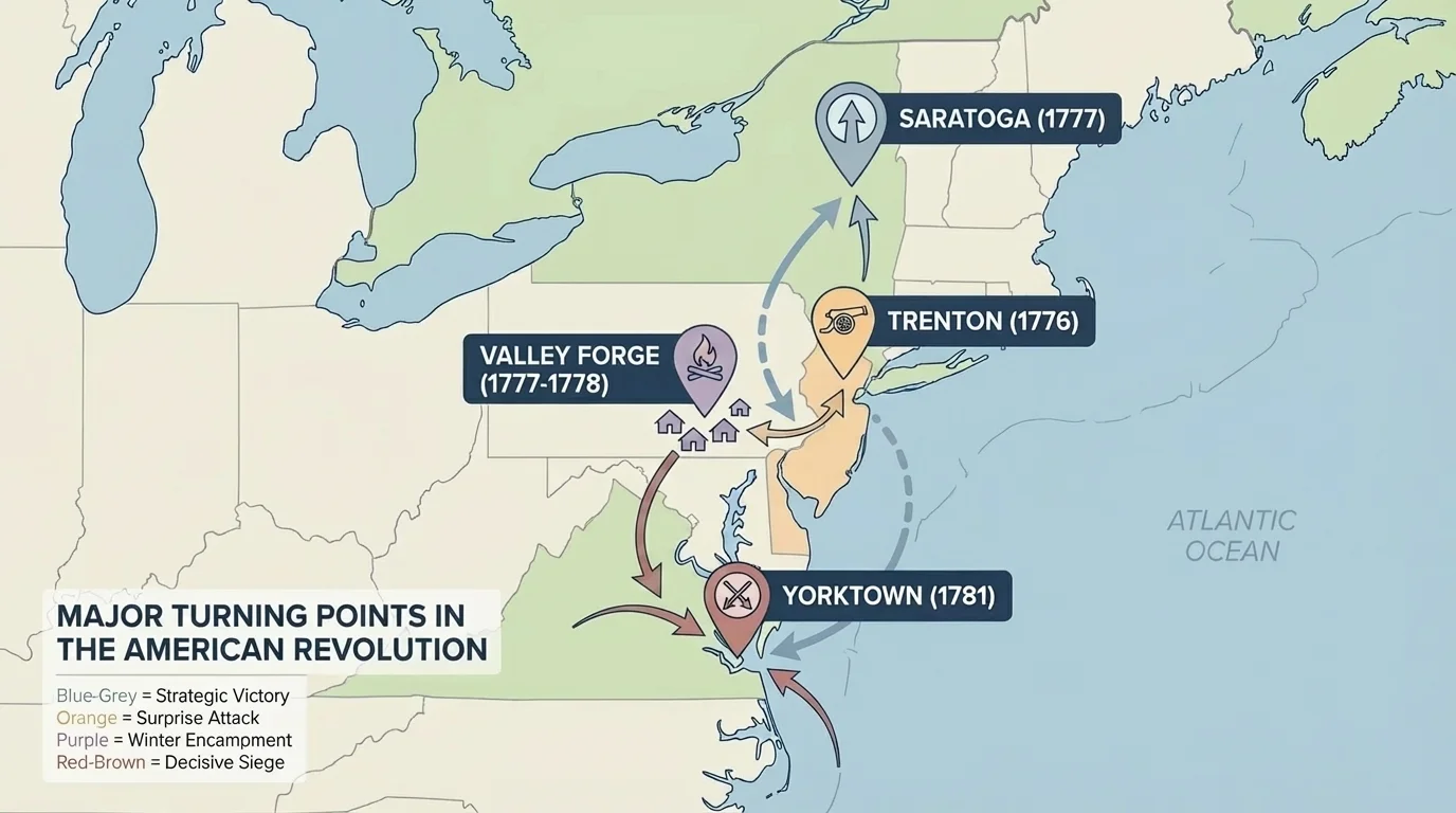 Map showing Trenton, Saratoga, Valley Forge, and Yorktown as major turning points in the American Revolution