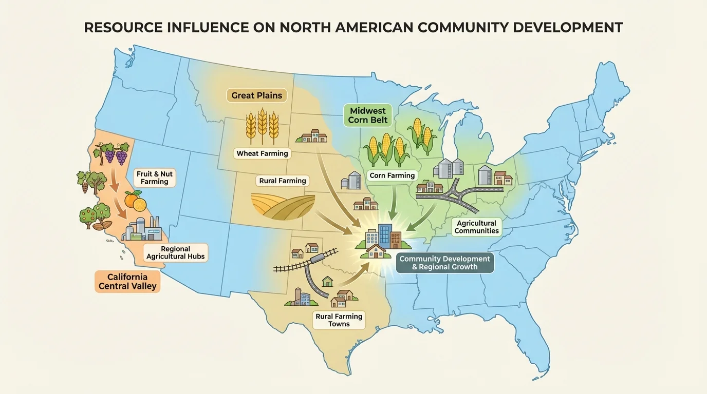 United States map highlighting the Great Plains, Midwest corn belt, and California Central Valley with symbols for crop farming and agricultural towns