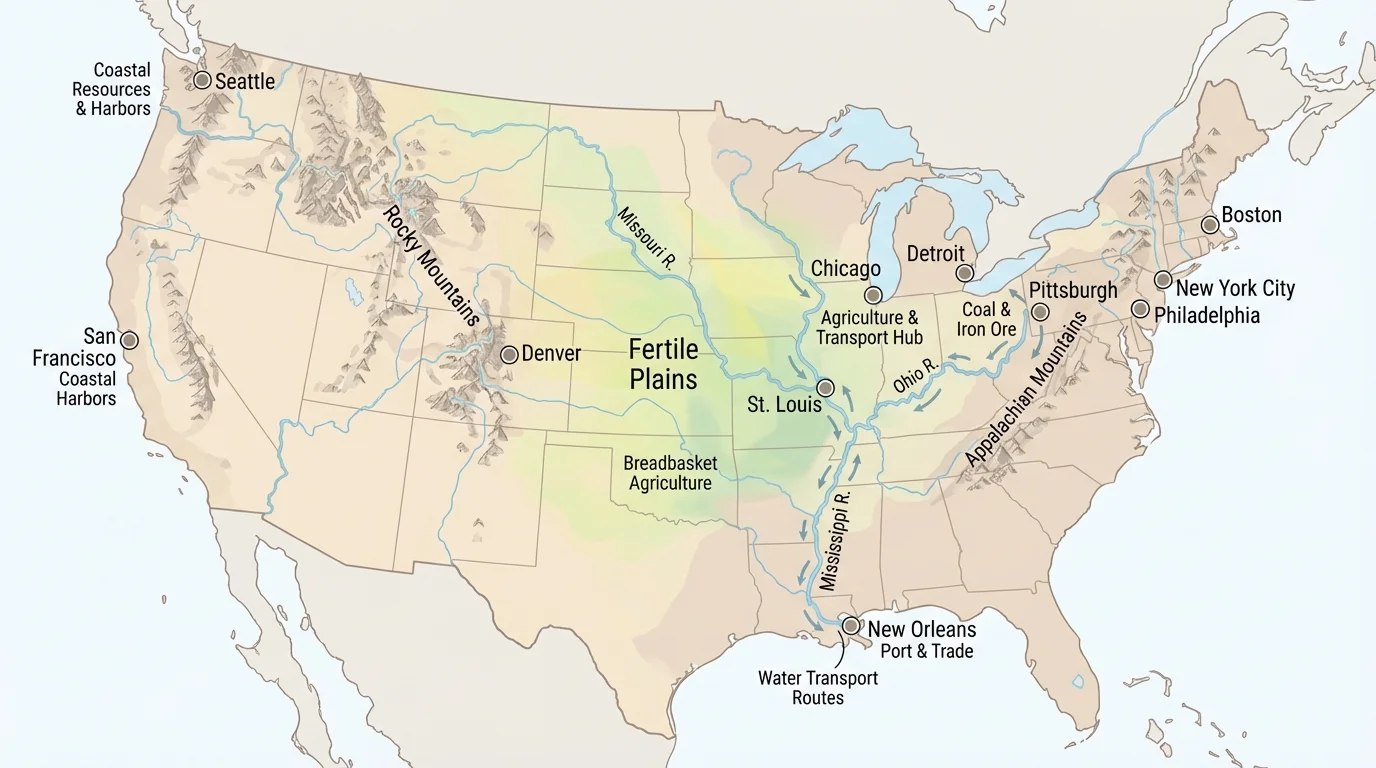 Simple U.S. map set showing major rivers, mountain ranges, fertile plains, and major cities located near important resources
