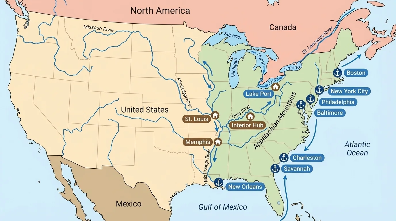 North America map highlighting the Mississippi River system, Great Lakes, St. Lawrence River, and Atlantic coast ports with arrows showing trade and transportation routes